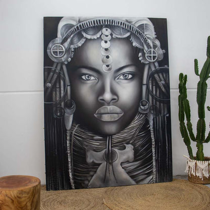 pintura tela quadro mulher negra etnia detalhes cultura olhar profundo decoracao parede casa comprar loja artesintonia