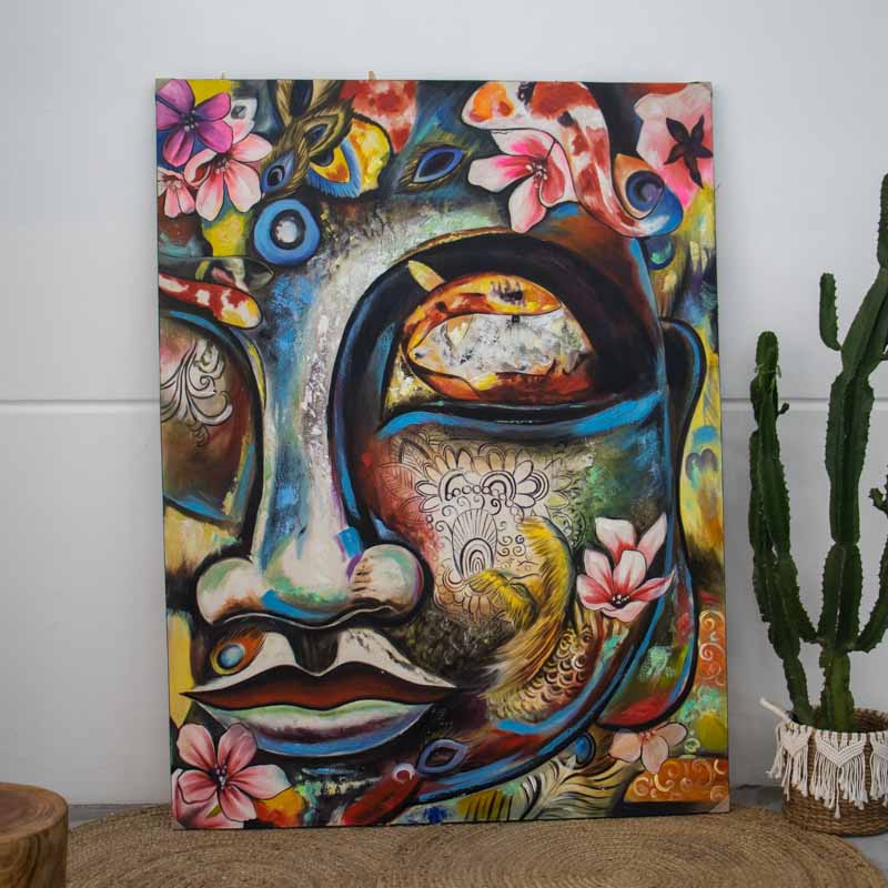 tela quadro pintura buda cores serenidade rosto flores peixe decoracao parede divindade comprar loja artesintonia