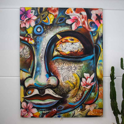 tela quadro pintura buda cores serenidade rosto flores peixe decoracao parede divindade comprar loja artesintonia