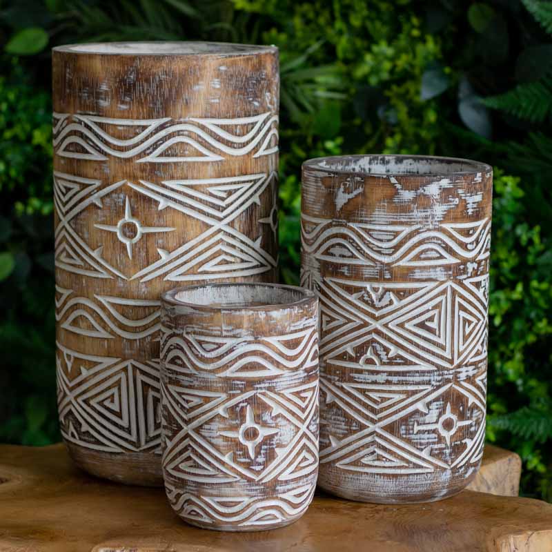 vasos madeira etnicos entalhado palmeira artesanato bali indonesia decoracao casa jardim design interiores comprar loja artesintonia