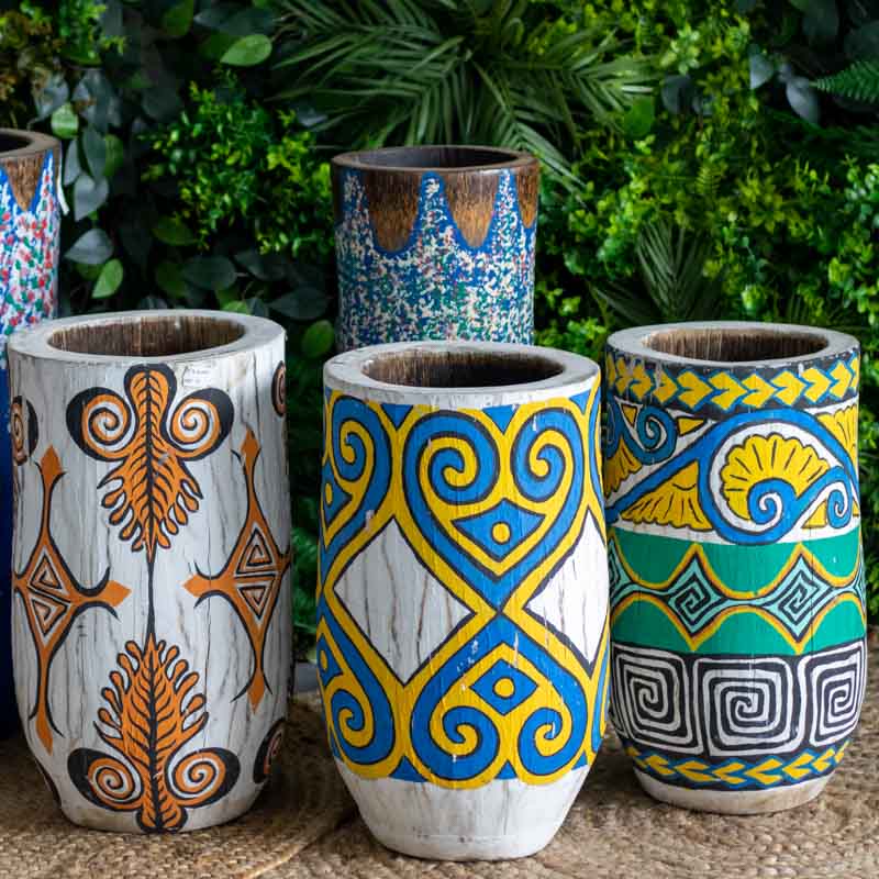 vasos madeira etnicos pintados palmeira artesanato bali indonesia decoracao casa jardim design interiores comprar loja artesintonia