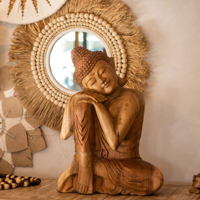 escultura decorativa buda zen relax entalhado madeira suar bali indonésia artesintonia