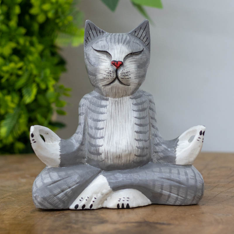 escultura gato namaste zen meditacao yoga mistico animal pet gateiras decoracao casa home decor artesanato bali indonesia