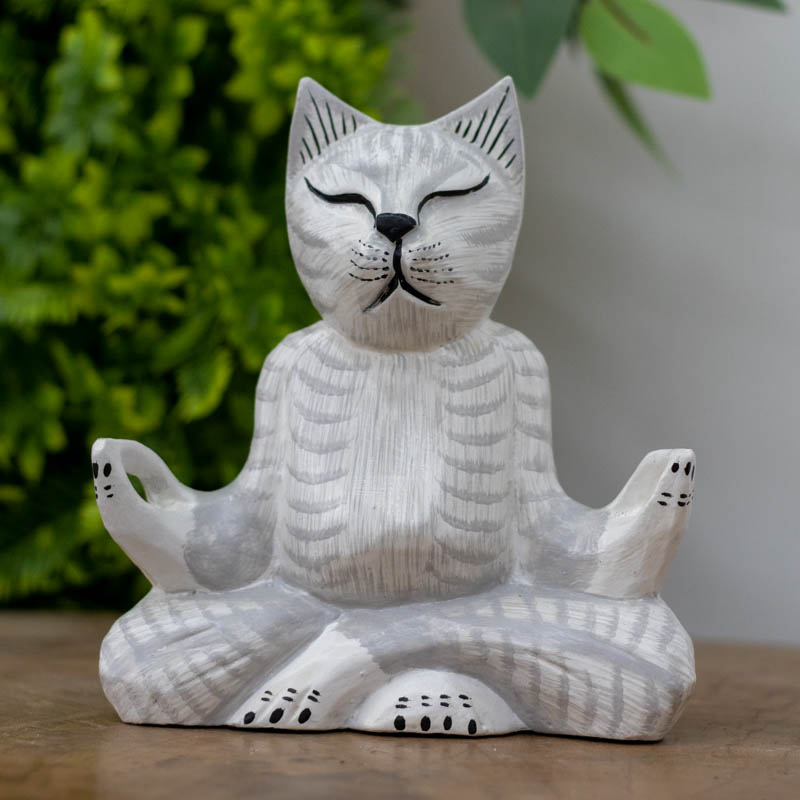 escultura gato namaste zen meditacao yoga mistico animal pet gateiras decoracao casa home decor artesanato bali indonesia