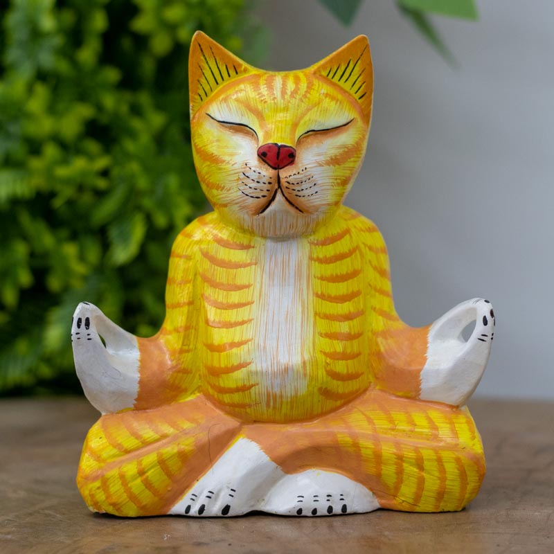 escultura gato namaste zen meditacao yoga mistico animal pet gateiras decoracao casa home decor artesanato bali indonesia