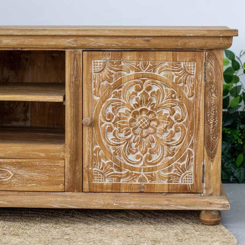 móvel madeira aparador buffet entalhado pintado flores mandalas handmade arte decorativa bali indonésia carved wood sideboard loja artesintonia comprar