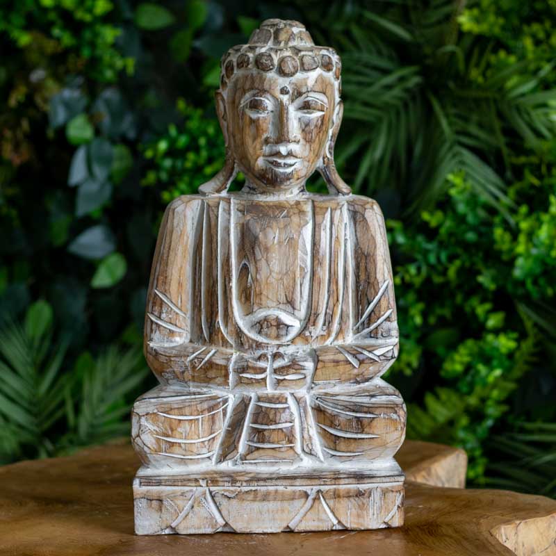 escultura estatua buda budismo zen artesanato entalhado madeira bali indonesia decoracao casa ambientes serenidade espiritual meditacao comprar loja artesintonia