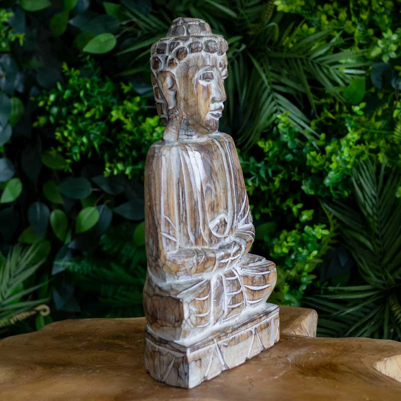 escultura estatua buda budismo zen artesanato entalhado madeira bali indonesia decoracao casa ambientes serenidade espiritual meditacao comprar loja artesintonia