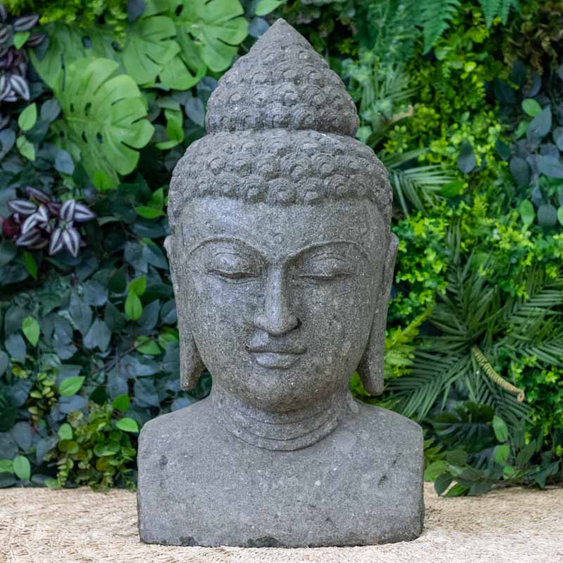 escultura estatua buda buddha cabeca busto rosto esculpida pedra vulcanica bali indonesia artesanato zen budismo templo meditacao nirvana jardim garden decoracao casa comprar loja artesintonia