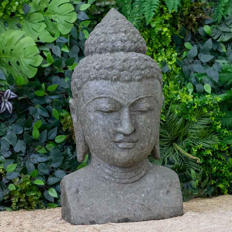 escultura estatua buda buddha cabeca busto rosto esculpida pedra vulcanica bali indonesia artesanato zen budismo templo meditacao nirvana jardim garden decoracao casa comprar loja artesintonia