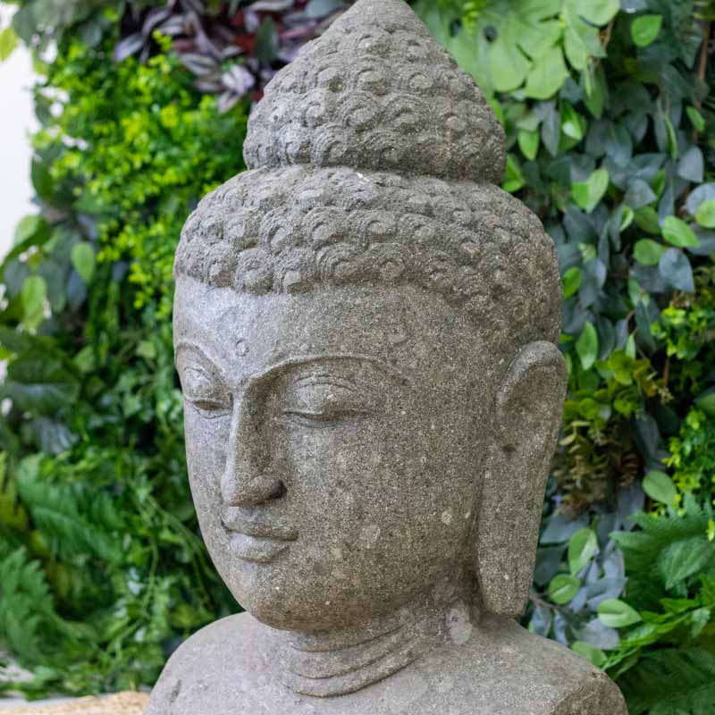 escultura estatua buda buddha cabeca busto rosto esculpida pedra vulcanica bali indonesia artesanato zen budismo templo meditacao nirvana jardim garden decoracao casa comprar loja artesintonia